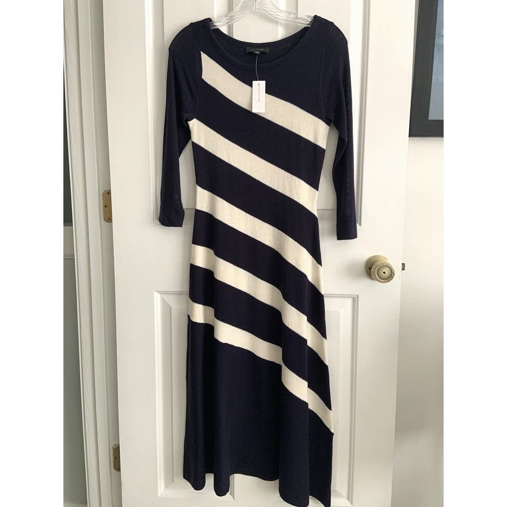 NWT Ann Taylor Merino Wool Sweater Dress Midi Horizontal Stripe Bias Cut XXS
